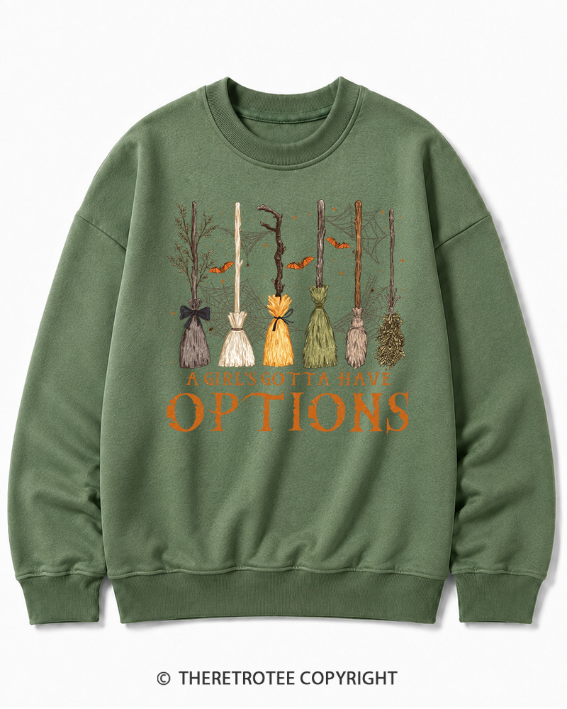 TheRetroTee A Girl Gotta Have Options 1980s Halloween Halloween Cotton Sweatshirt