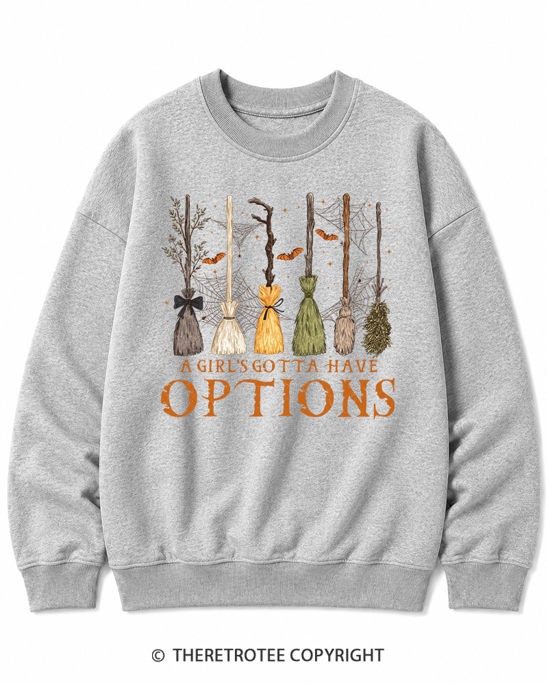 TheRetroTee A Girl Gotta Have Options 1980s Halloween Halloween Cotton Sweatshirt