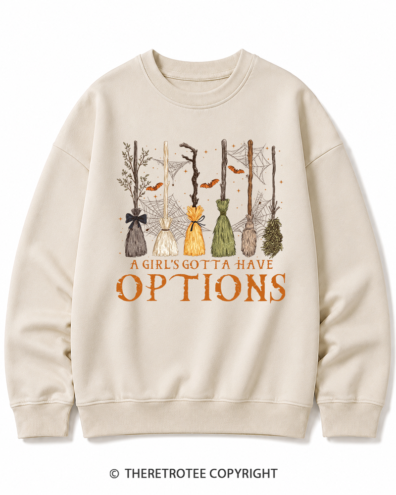 TheRetroTee A Girl Gotta Have Options 1980s Halloween Halloween Cotton Sweatshirt