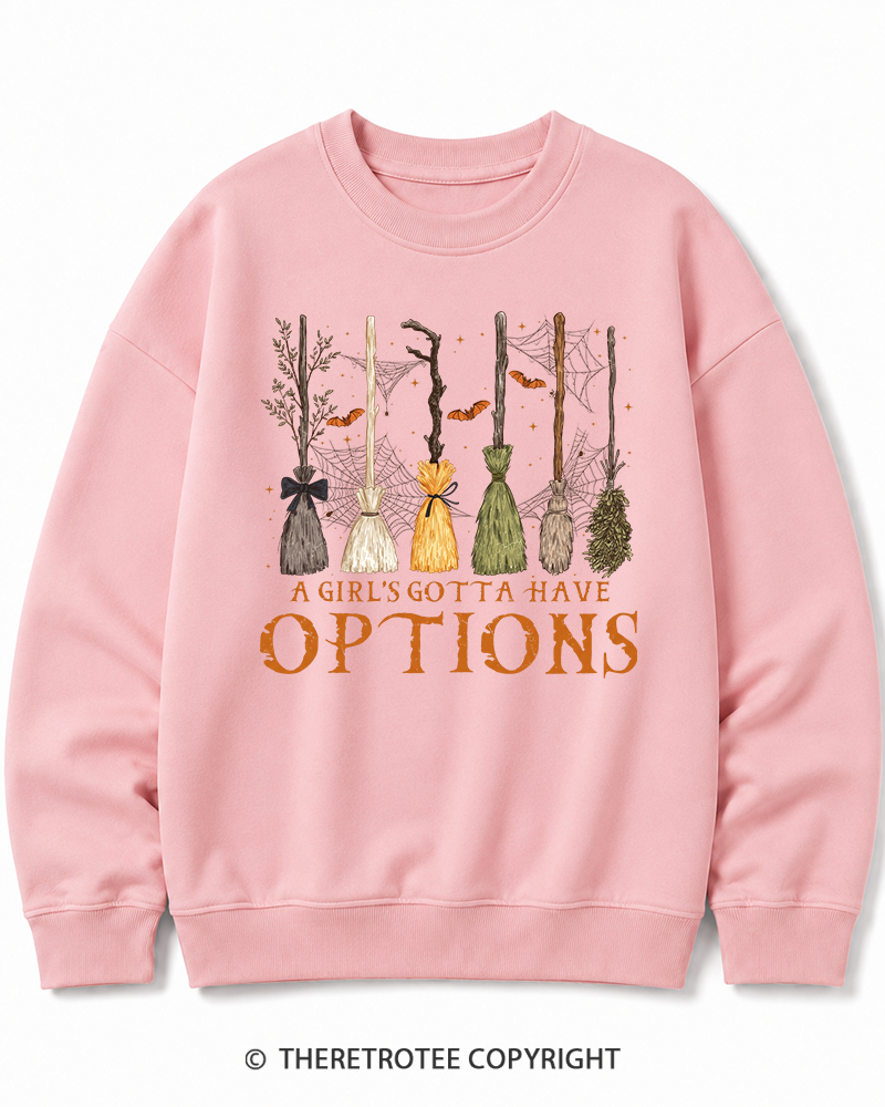TheRetroTee A Girl Gotta Have Options 1980s Halloween Halloween Cotton Sweatshirt