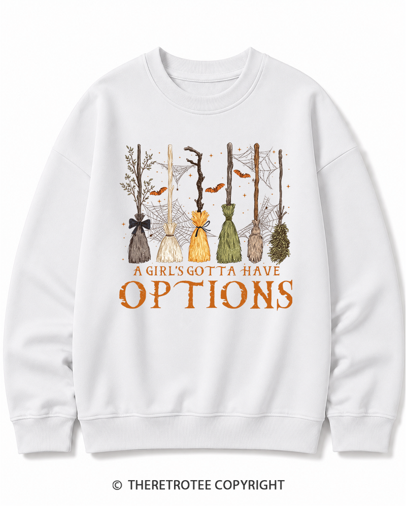 TheRetroTee A Girl Gotta Have Options 1980s Halloween Halloween Cotton Sweatshirt