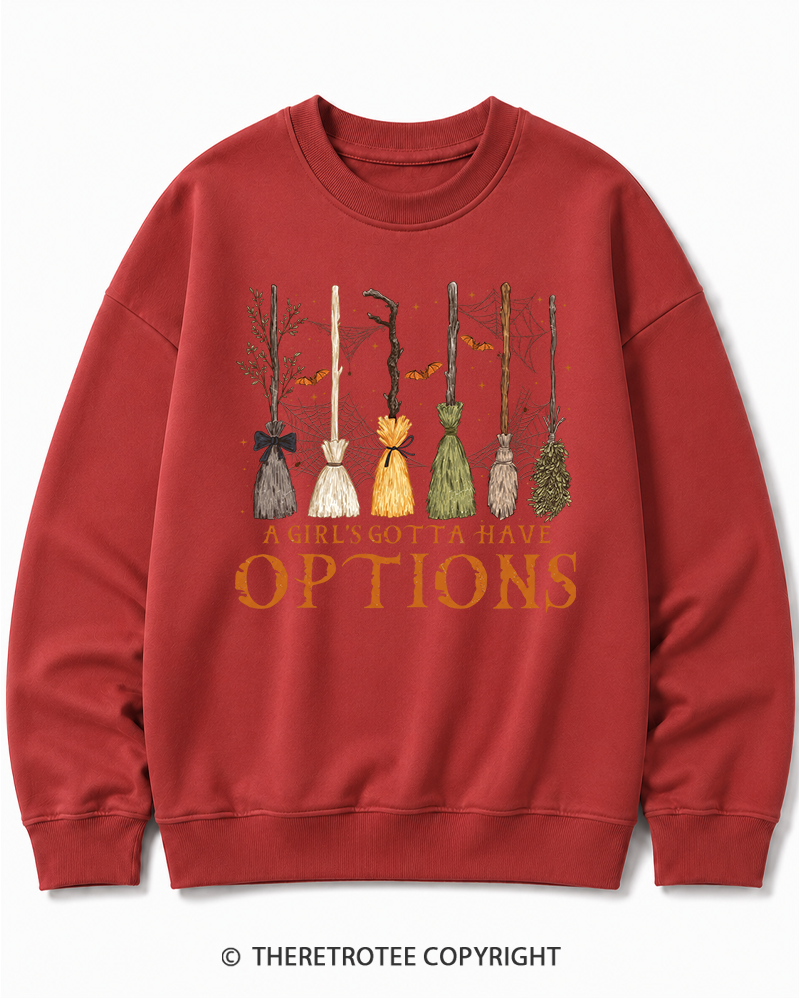 TheRetroTee A Girl Gotta Have Options 1980s Halloween Halloween Cotton Sweatshirt
