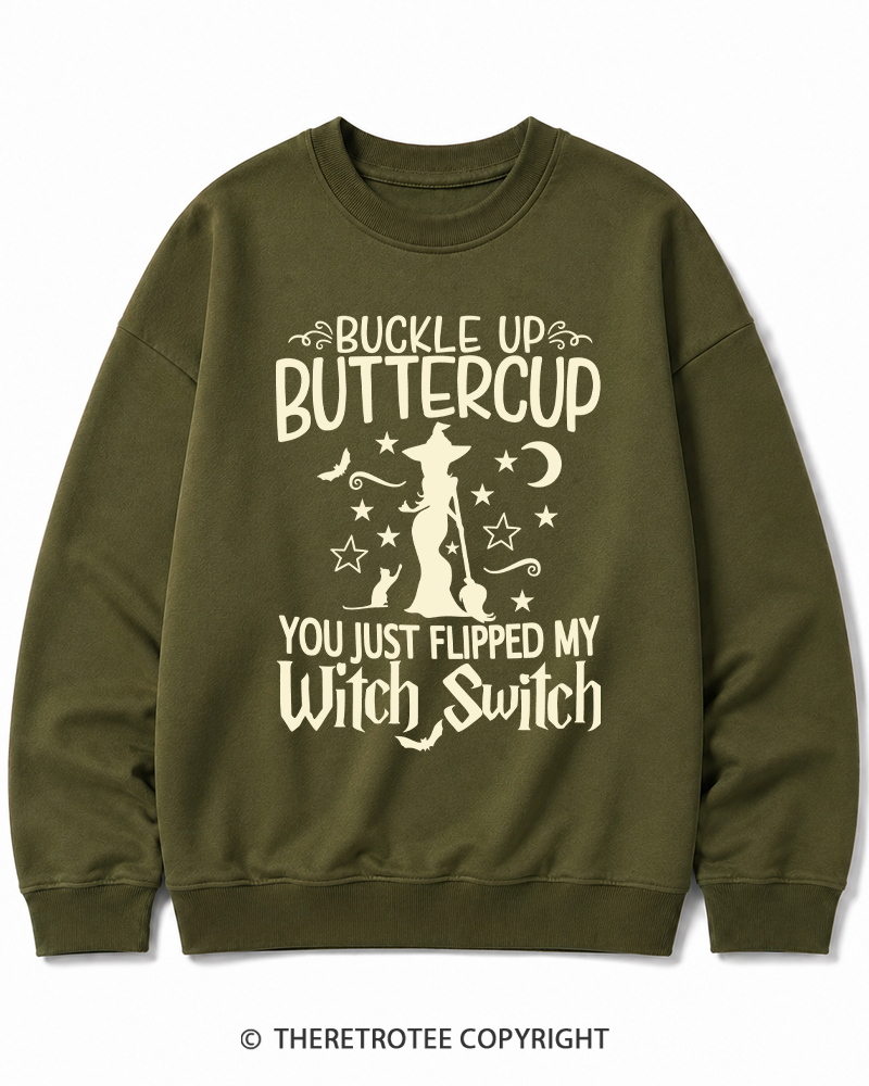 TheRetroTee Buckle Up Buttercup Witch Halloween Halloween Cotton Sweatshirt