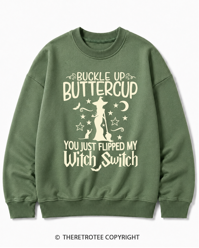 TheRetroTee Buckle Up Buttercup Witch Halloween Halloween Cotton Sweatshirt