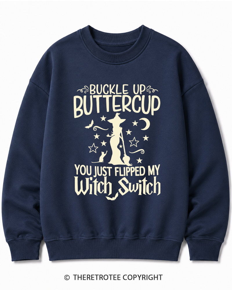 TheRetroTee Buckle Up Buttercup Witch Halloween Halloween Cotton Sweatshirt