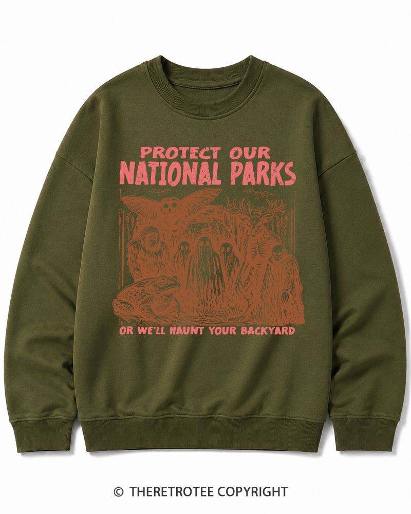 TheRetroTee Cryptid Creatures Protect Our Parks Camping Hiking Halloween Cotton Sweatshirt