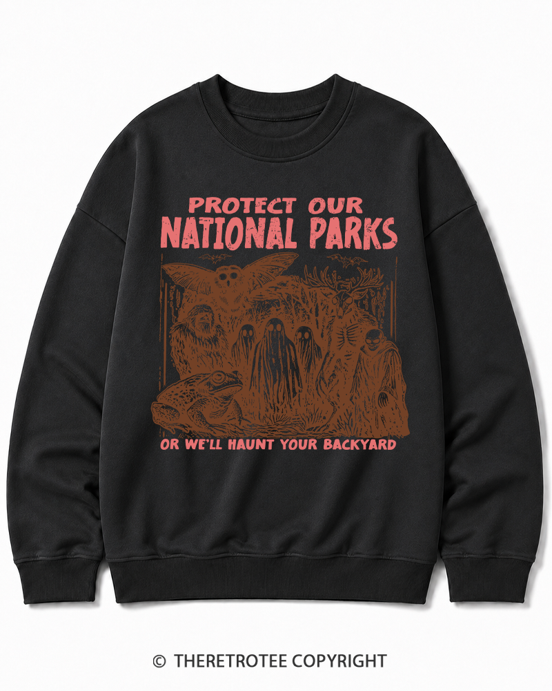 TheRetroTee Cryptid Creatures Protect Our Parks Camping Hiking Halloween Cotton Sweatshirt