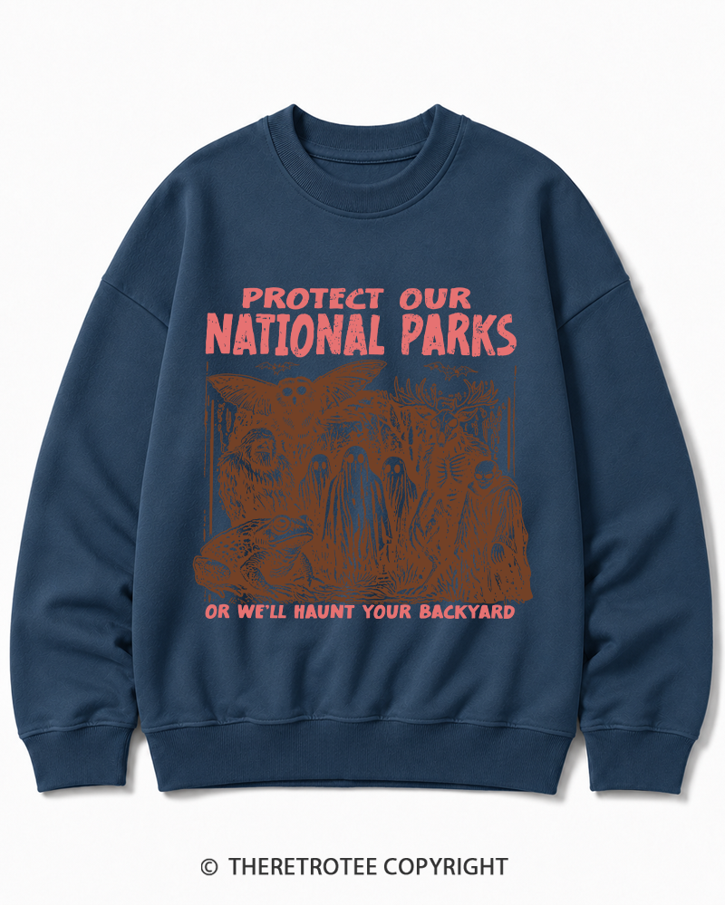 TheRetroTee Cryptid Creatures Protect Our Parks Camping Hiking Halloween Cotton Sweatshirt