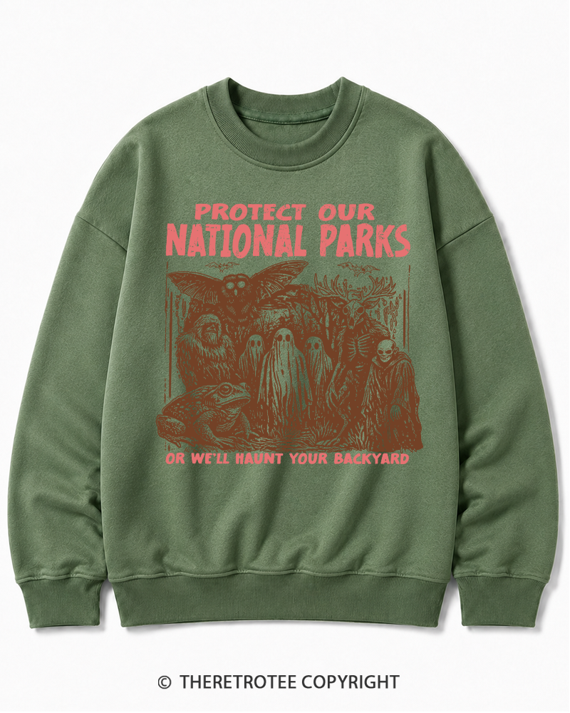 TheRetroTee Cryptid Creatures Protect Our Parks Camping Hiking Halloween Cotton Sweatshirt