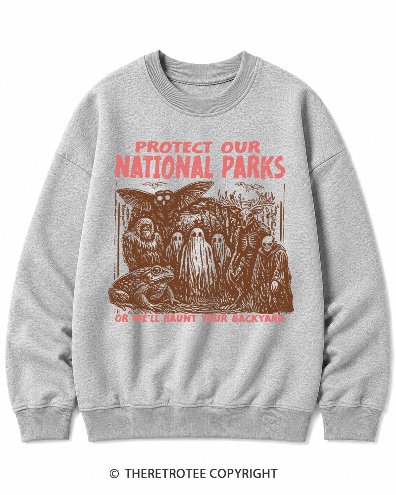 TheRetroTee Cryptid Creatures Protect Our Parks Camping Hiking Halloween Cotton Sweatshirt