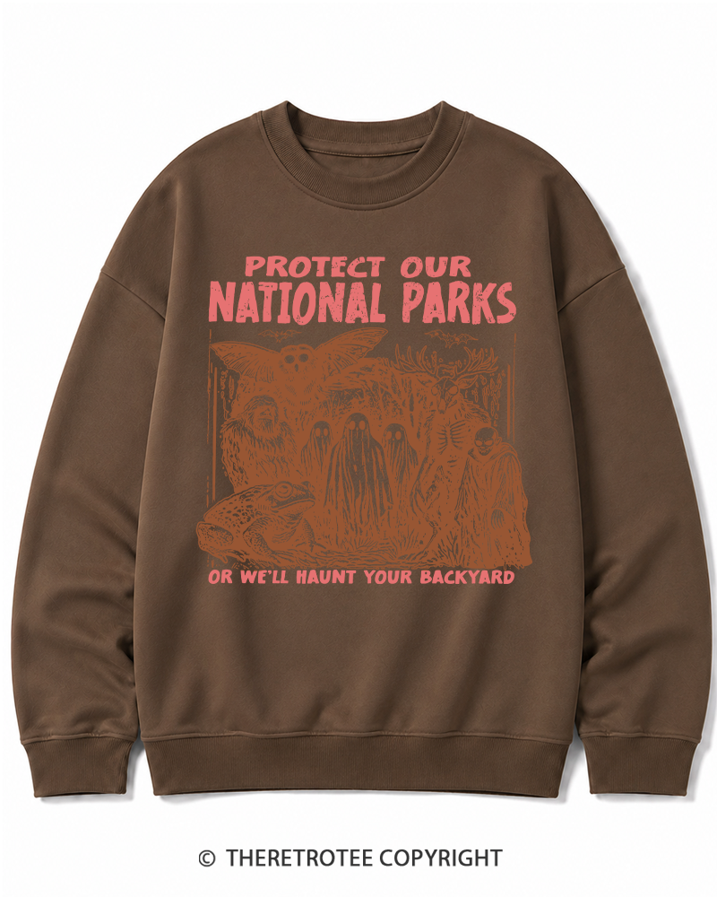 TheRetroTee Cryptid Creatures Protect Our Parks Camping Hiking Halloween Cotton Sweatshirt