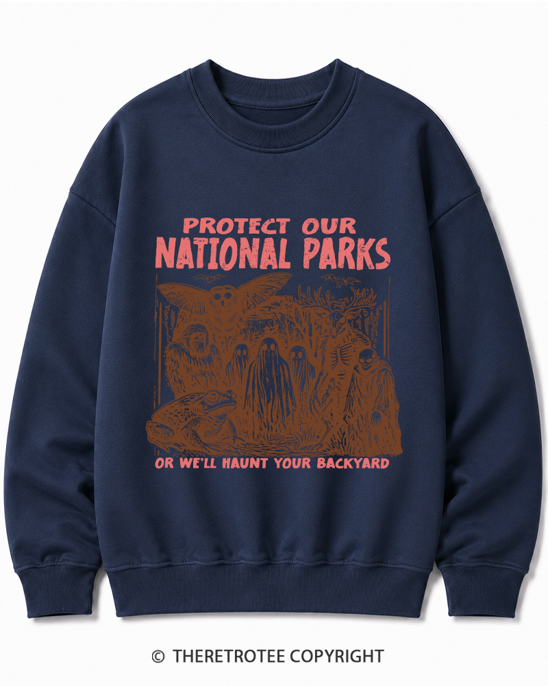 TheRetroTee Cryptid Creatures Protect Our Parks Camping Hiking Halloween Cotton Sweatshirt