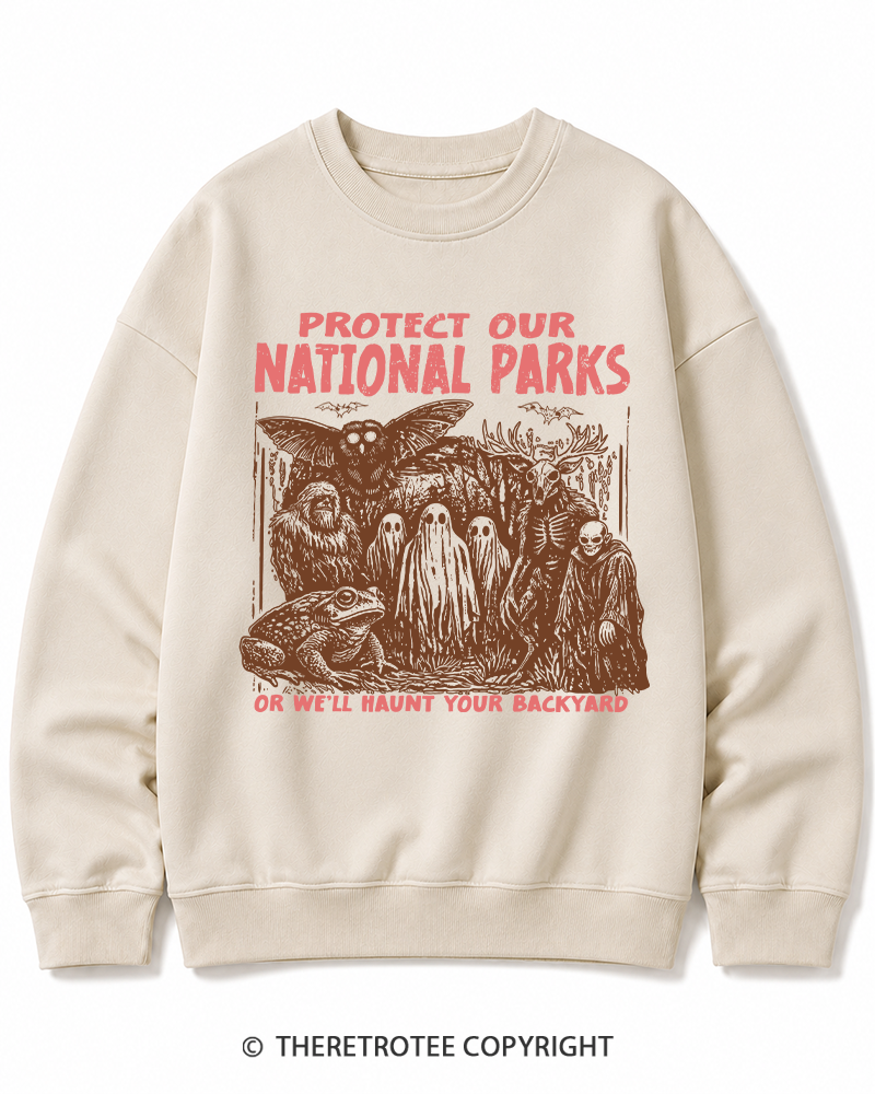TheRetroTee Cryptid Creatures Protect Our Parks Camping Hiking Halloween Cotton Sweatshirt