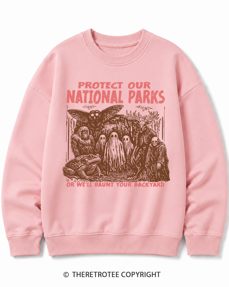 TheRetroTee Cryptid Creatures Protect Our Parks Camping Hiking Halloween Cotton Sweatshirt