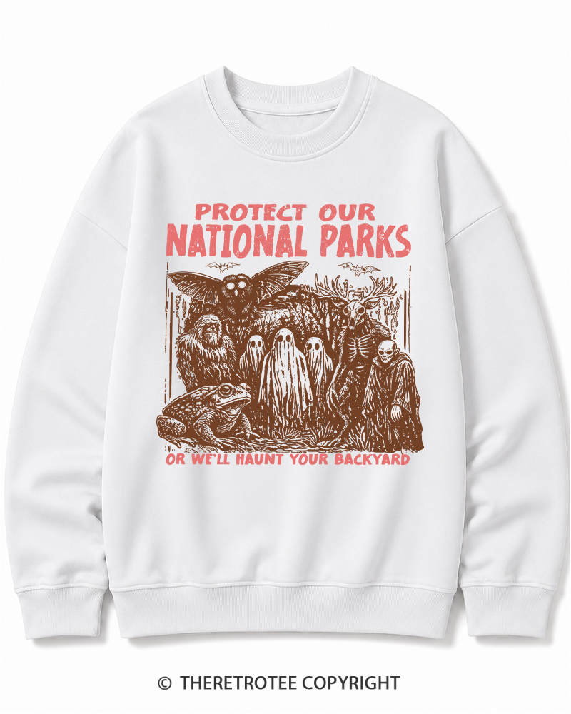 TheRetroTee Cryptid Creatures Protect Our Parks Camping Hiking Halloween Cotton Sweatshirt