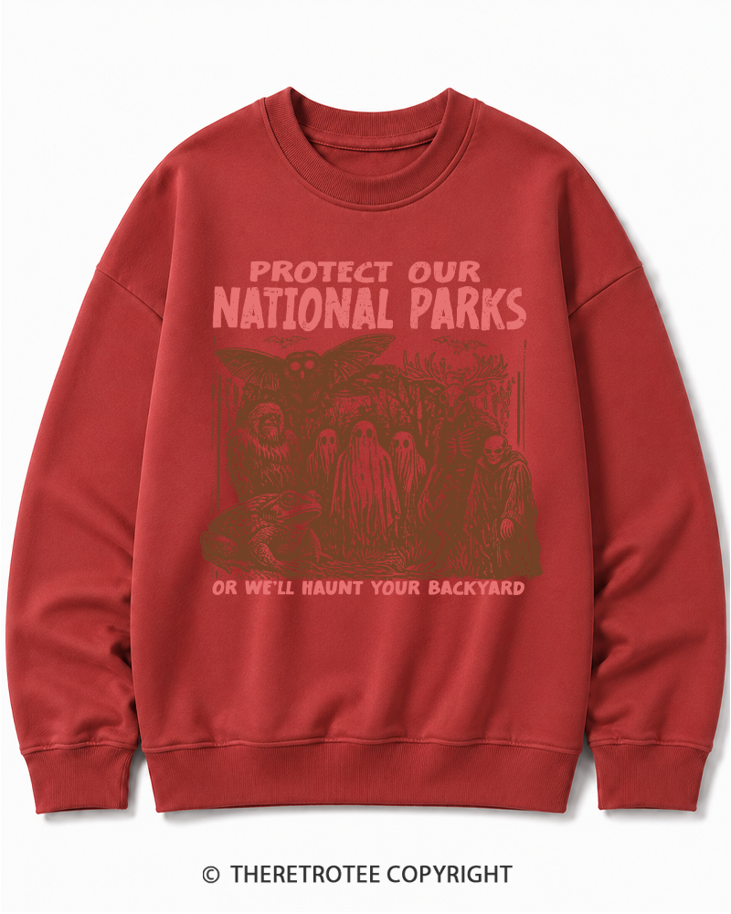 TheRetroTee Cryptid Creatures Protect Our Parks Camping Hiking Halloween Cotton Sweatshirt
