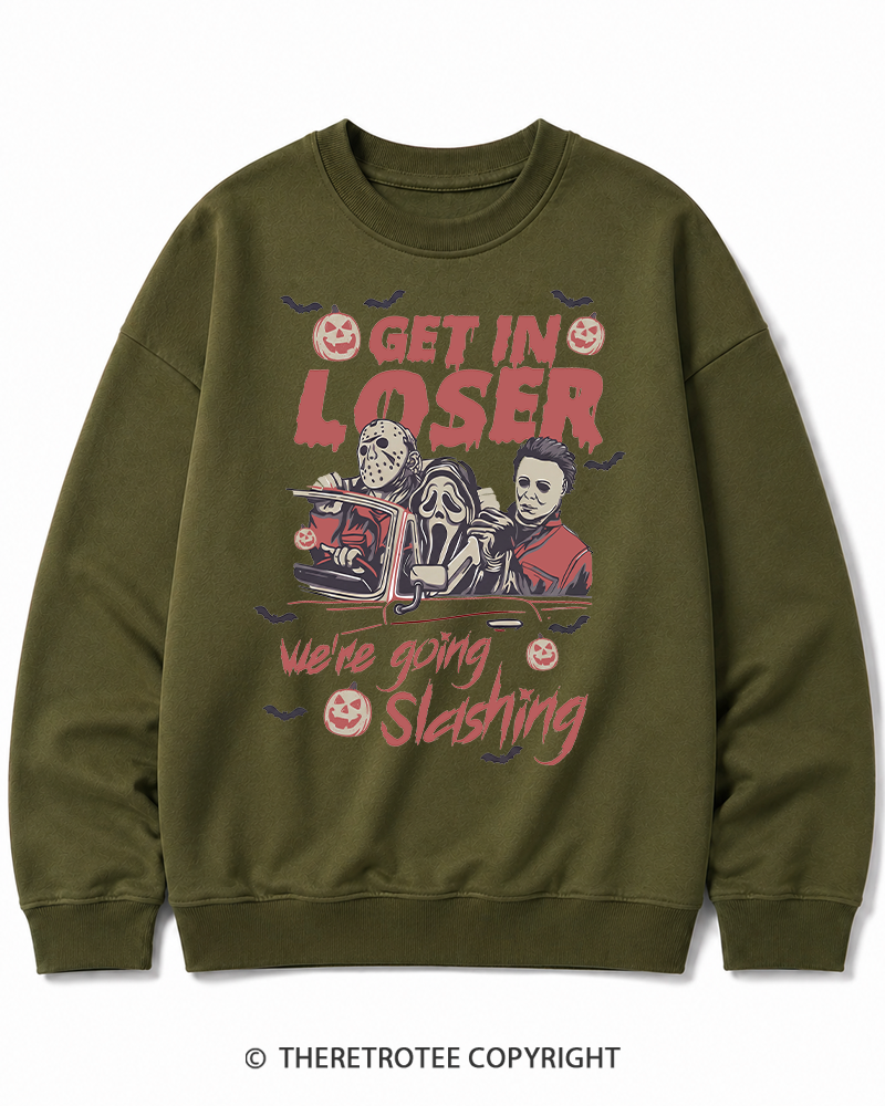 TheRetroTee Get In Loser We're Going Slashing Halloween Cotton Sweatshirt