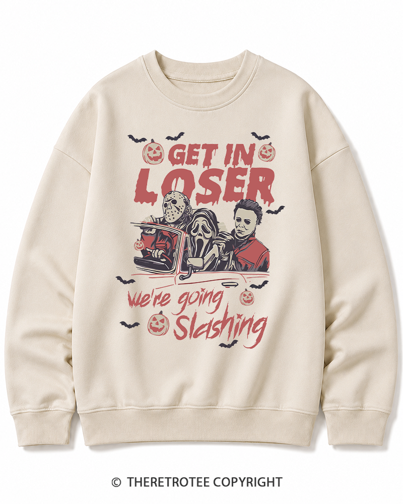 TheRetroTee Get In Loser We're Going Slashing Halloween Cotton Sweatshirt