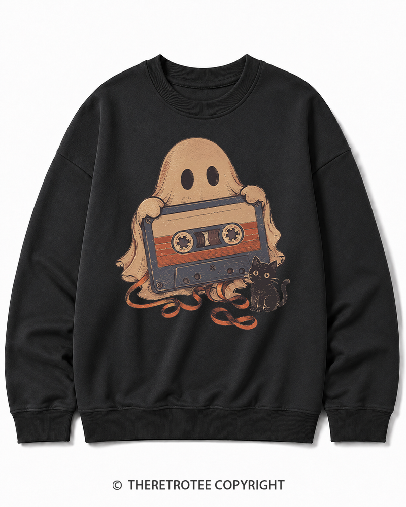 TheRetroTee Ghost Cassette Tape Halloween 1980s Halloween Halloween Cotton Sweatshirt