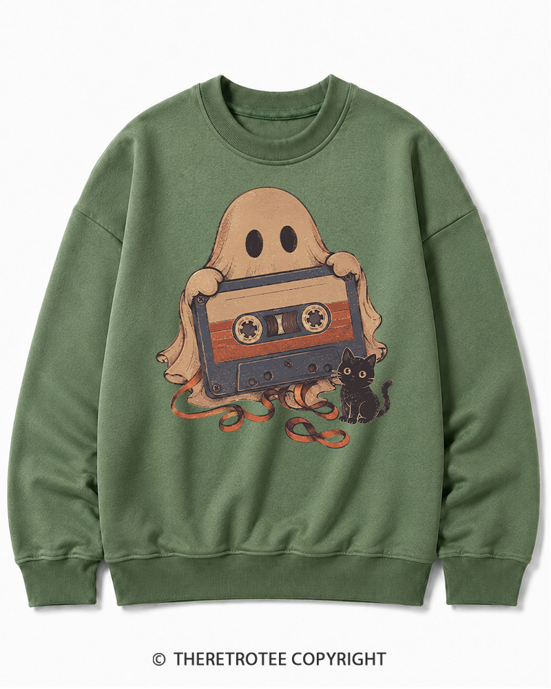 TheRetroTee Ghost Cassette Tape Halloween 1980s Halloween Halloween Cotton Sweatshirt