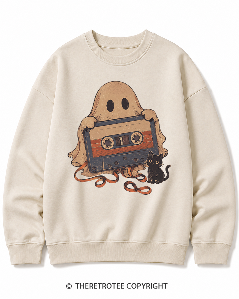 TheRetroTee Ghost Cassette Tape Halloween 1980s Halloween Halloween Cotton Sweatshirt