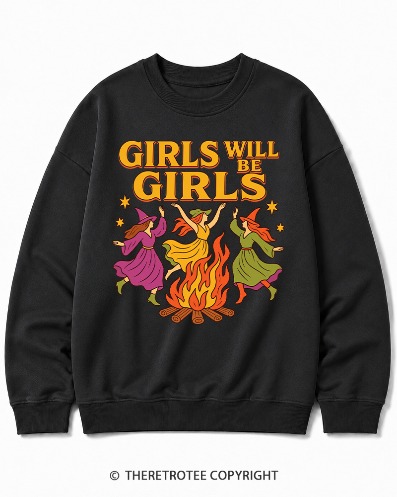 TheRetroTee Girls Will Be Girls 1970s Halloween Cotton Sweatshirt