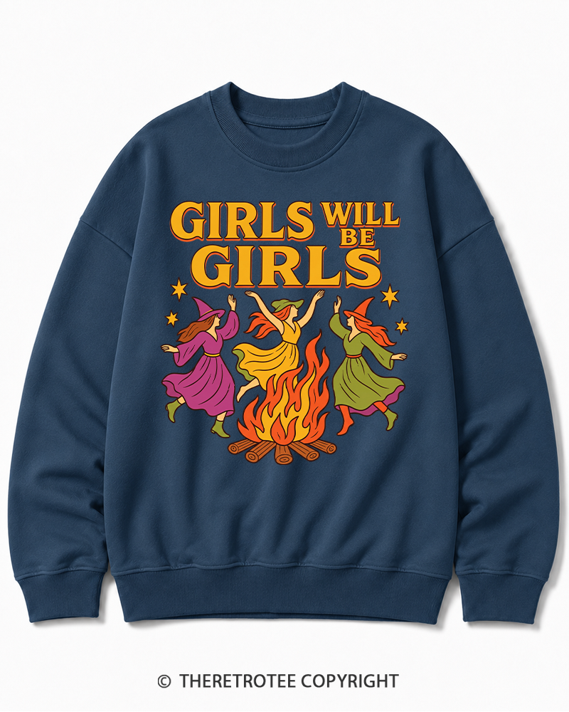 TheRetroTee Girls Will Be Girls 1970s Halloween Cotton Sweatshirt