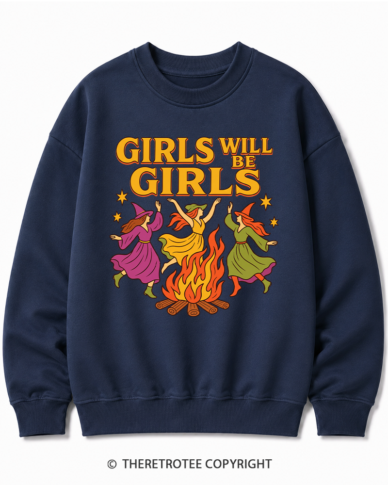 TheRetroTee Girls Will Be Girls 1970s Halloween Cotton Sweatshirt