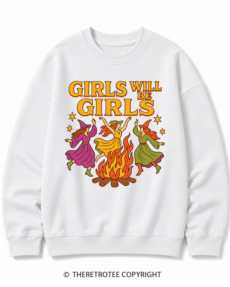 TheRetroTee Girls Will Be Girls 1970s Halloween Cotton Sweatshirt