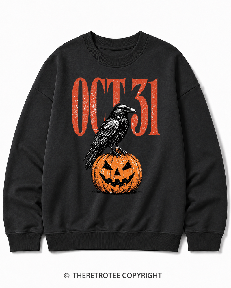 TheRetroTee Halloween Crow Pumpkin October 31 Halloween Halloween Cotton Sweatshirt