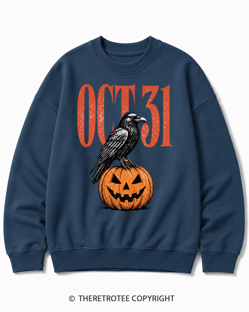 TheRetroTee Halloween Crow Pumpkin October 31 Halloween Halloween Cotton Sweatshirt