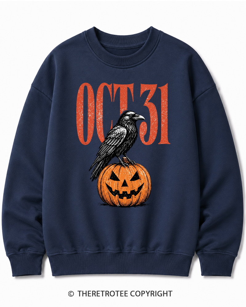 TheRetroTee Halloween Crow Pumpkin October 31 Halloween Halloween Cotton Sweatshirt