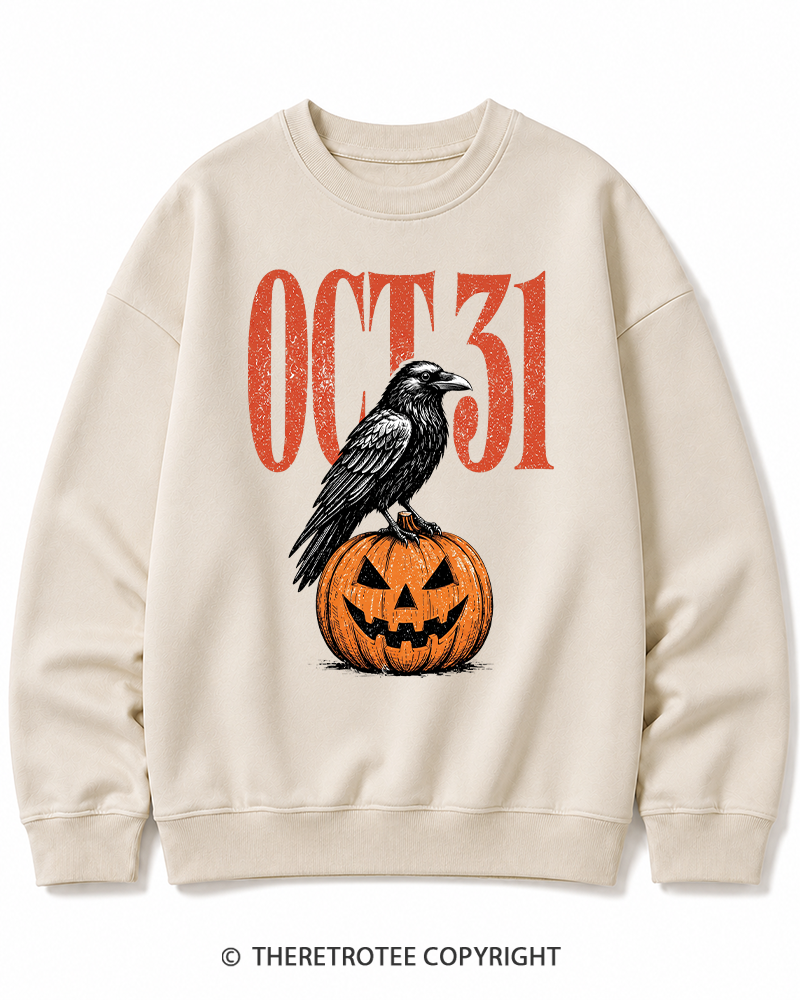 TheRetroTee Halloween Crow Pumpkin October 31 Halloween Halloween Cotton Sweatshirt