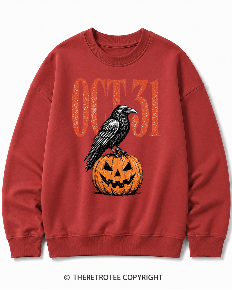 TheRetroTee Halloween Crow Pumpkin October 31 Halloween Halloween Cotton Sweatshirt