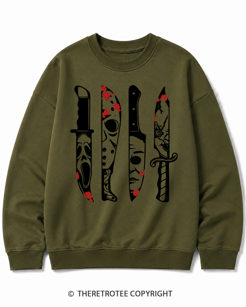 TheRetroTee Horror Movie Characters In Knives 1970s Halloween Cotton Sweatshirt