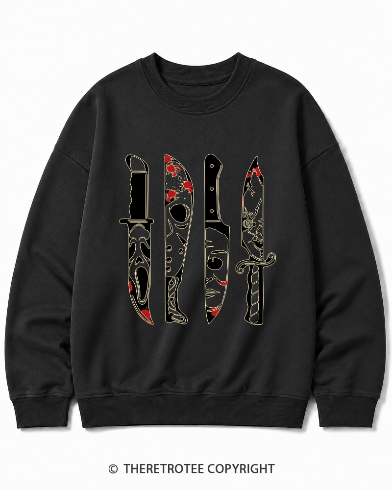 TheRetroTee Horror Movie Characters In Knives 1970s Halloween Cotton Sweatshirt