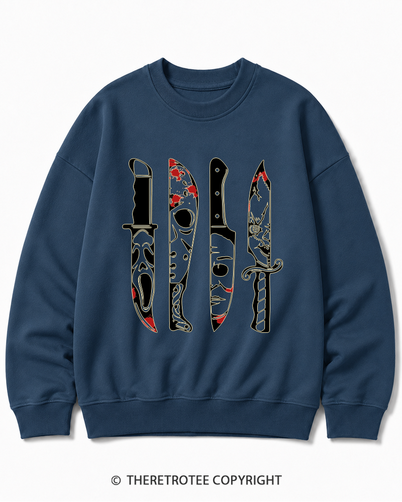 TheRetroTee Horror Movie Characters In Knives 1970s Halloween Cotton Sweatshirt