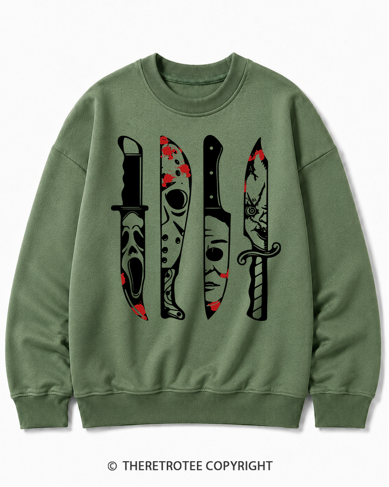 TheRetroTee Horror Movie Characters In Knives 1970s Halloween Cotton Sweatshirt
