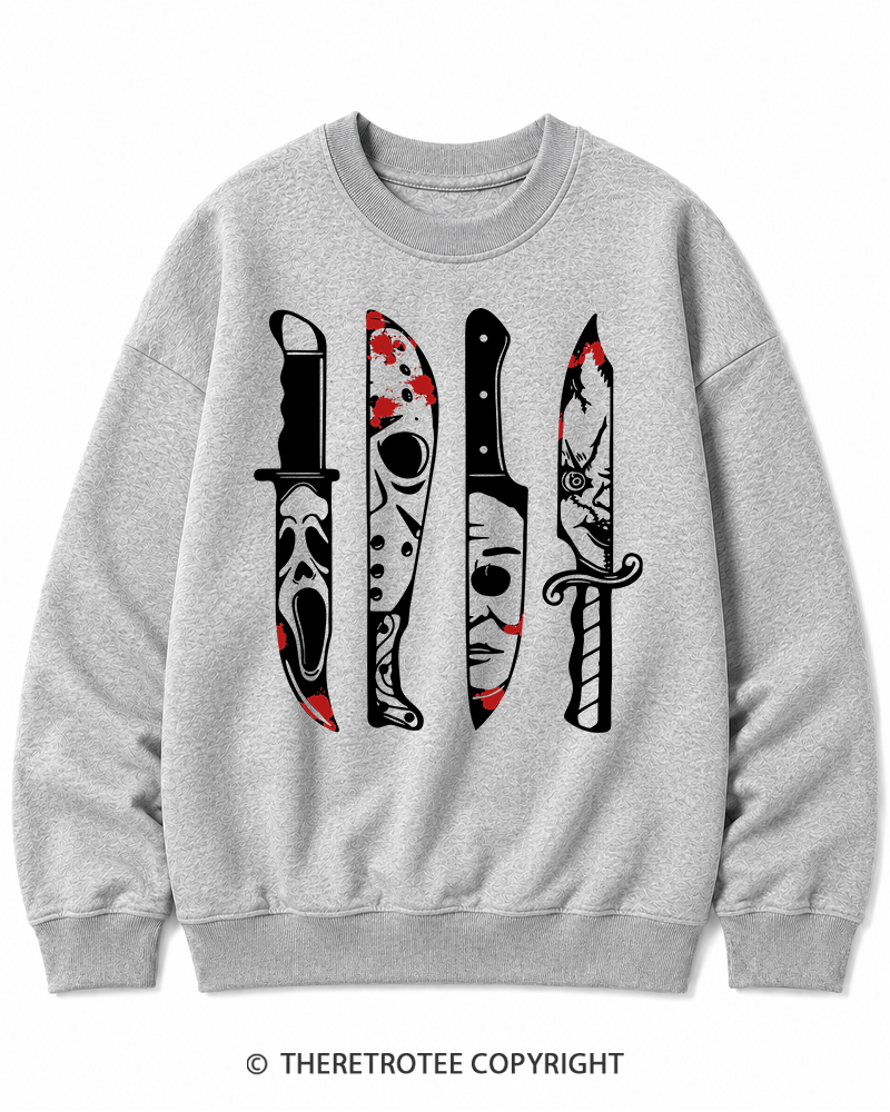 TheRetroTee Horror Movie Characters In Knives 1970s Halloween Cotton Sweatshirt