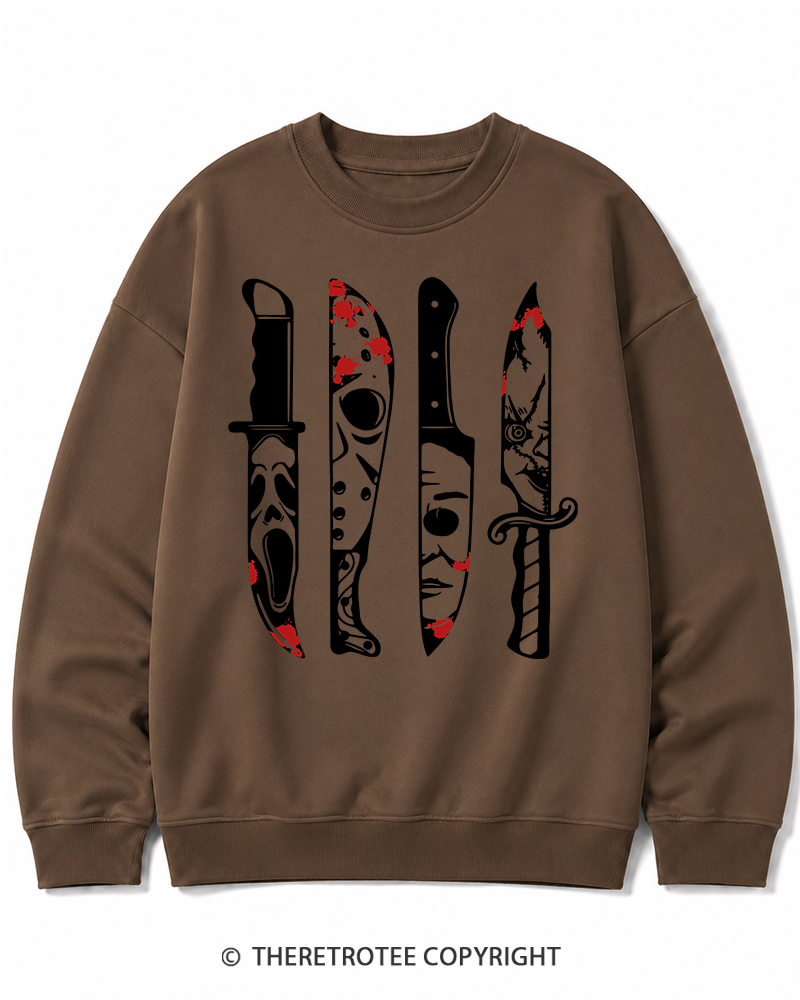 TheRetroTee Horror Movie Characters In Knives 1970s Halloween Cotton Sweatshirt