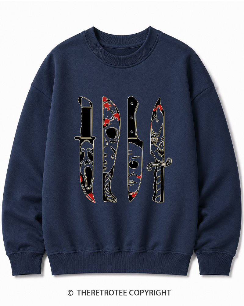 TheRetroTee Horror Movie Characters In Knives 1970s Halloween Cotton Sweatshirt
