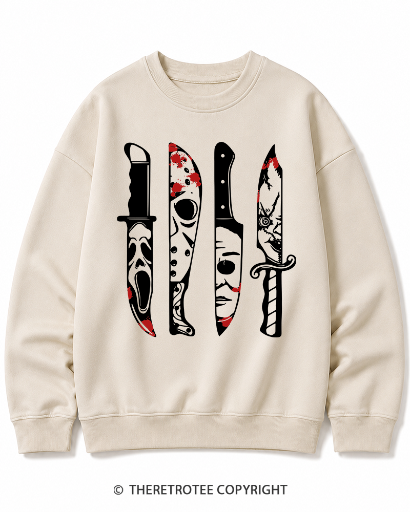 TheRetroTee Horror Movie Characters In Knives 1970s Halloween Cotton Sweatshirt