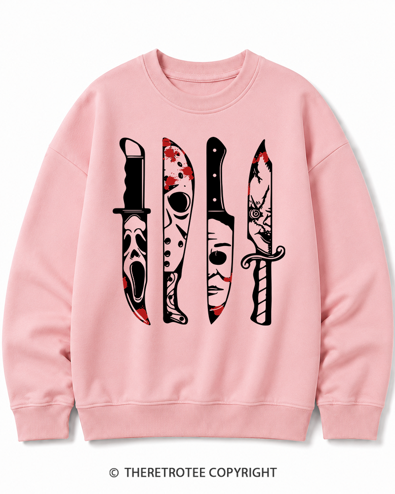 TheRetroTee Horror Movie Characters In Knives 1970s Halloween Cotton Sweatshirt