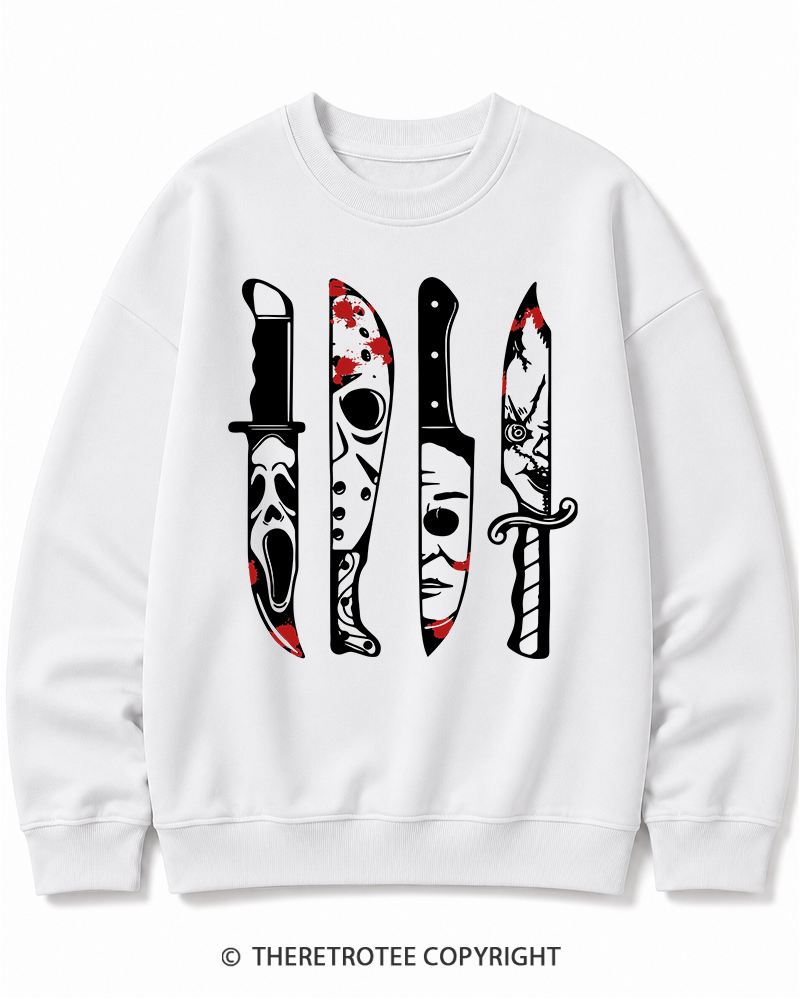 TheRetroTee Horror Movie Characters In Knives 1970s Halloween Cotton Sweatshirt