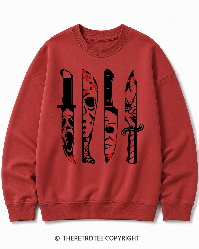 TheRetroTee Horror Movie Characters In Knives 1970s Halloween Cotton Sweatshirt