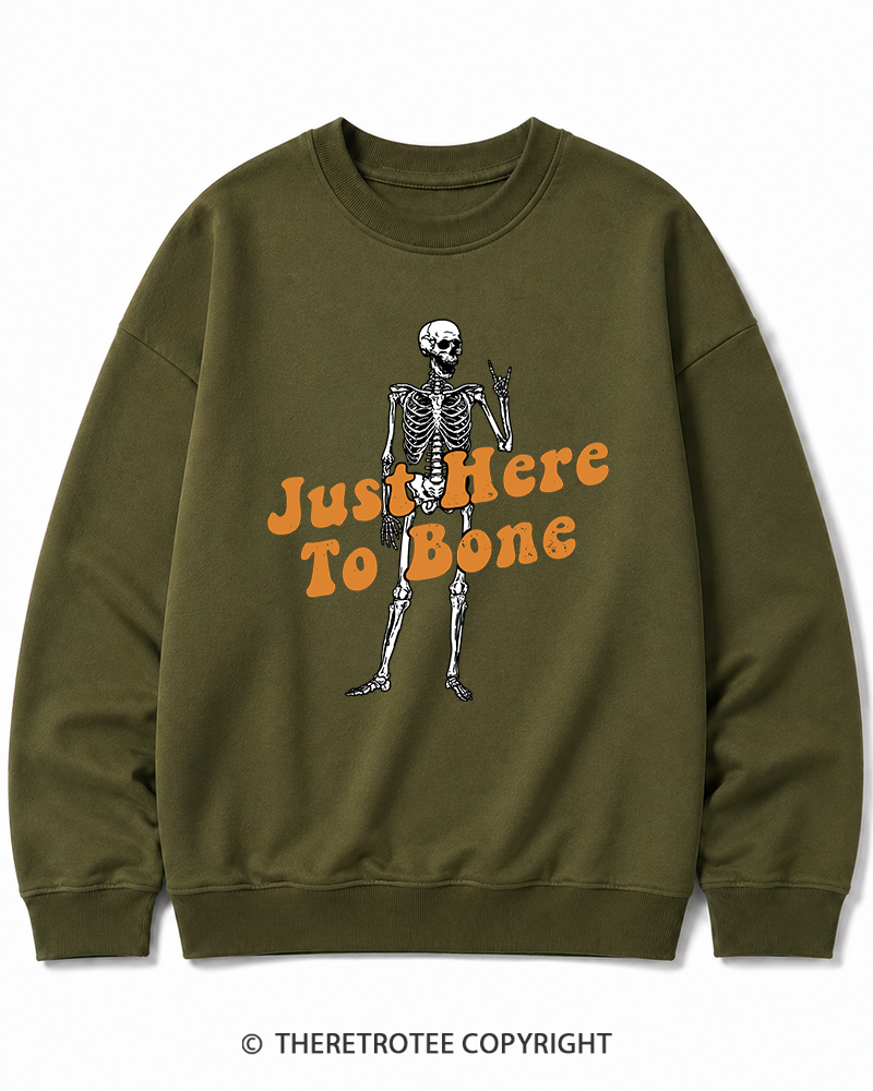 TheRetroTee Just Here To Bone 1990s Halloween Halloween Cotton Sweatshirt