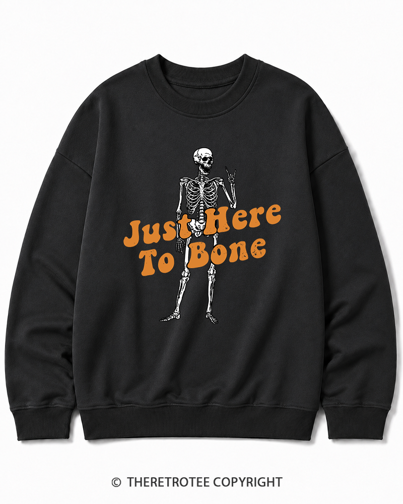TheRetroTee Just Here To Bone 1990s Halloween Halloween Cotton Sweatshirt