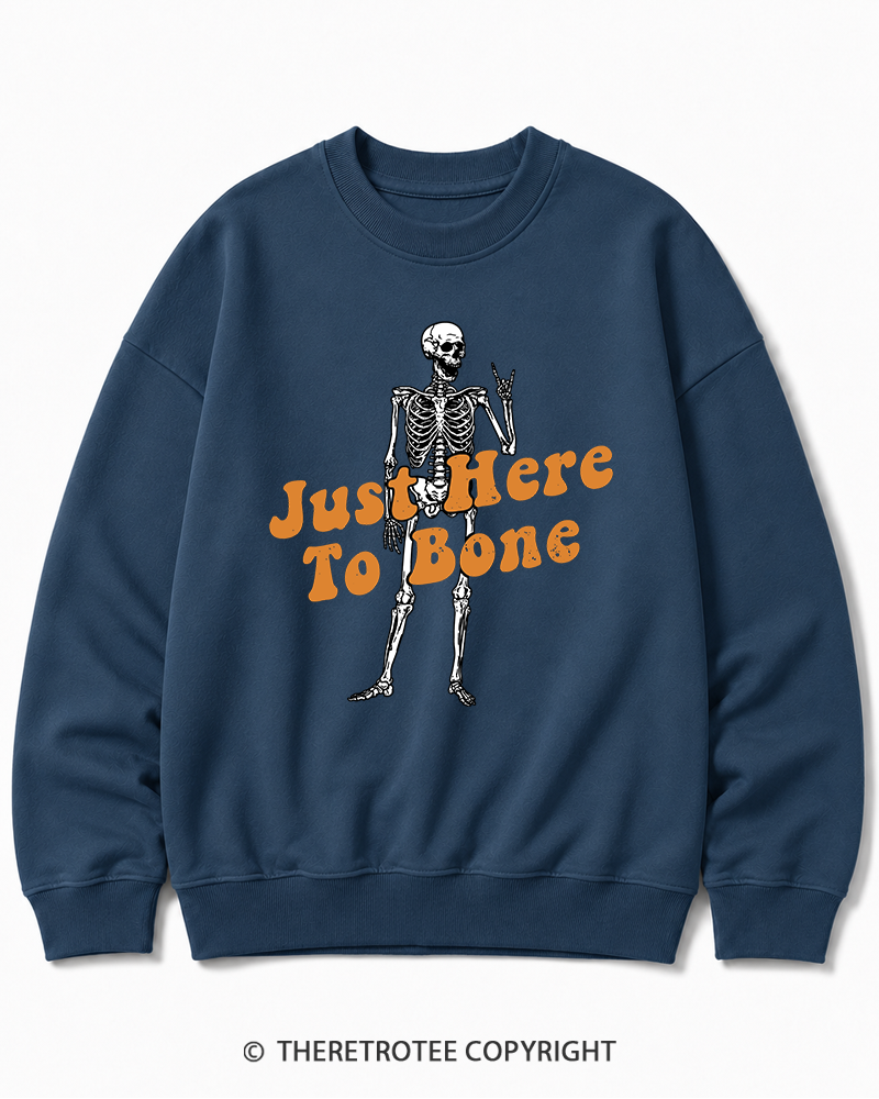 TheRetroTee Just Here To Bone 1990s Halloween Halloween Cotton Sweatshirt