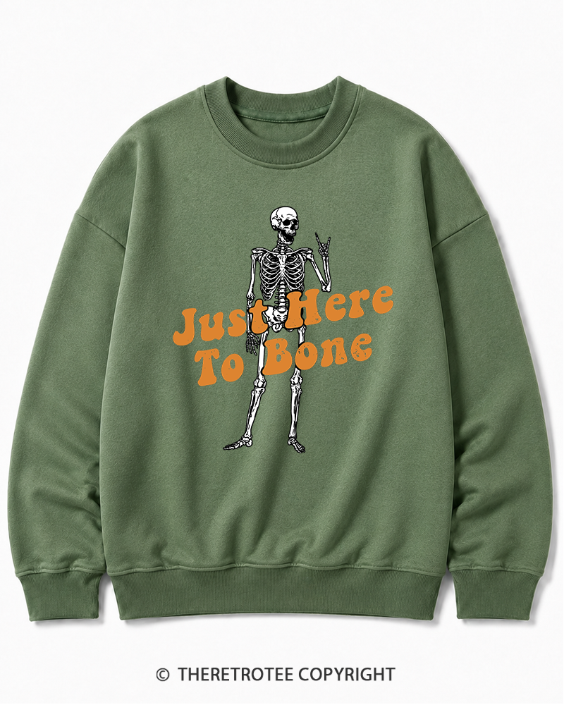 TheRetroTee Just Here To Bone 1990s Halloween Halloween Cotton Sweatshirt