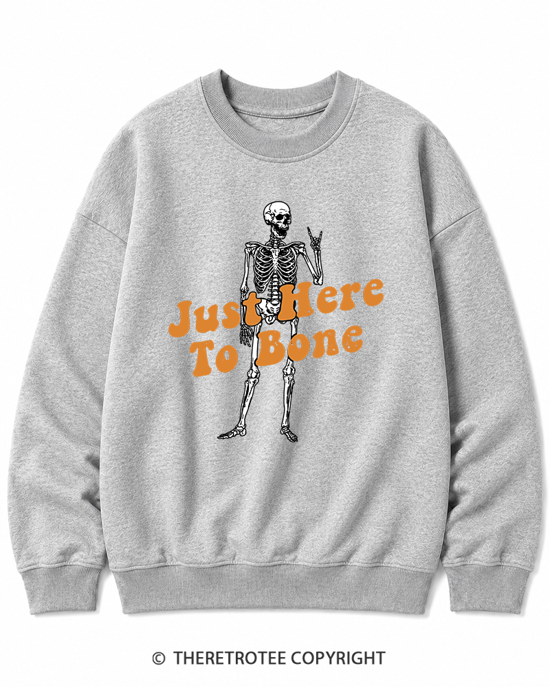 TheRetroTee Just Here To Bone 1990s Halloween Halloween Cotton Sweatshirt